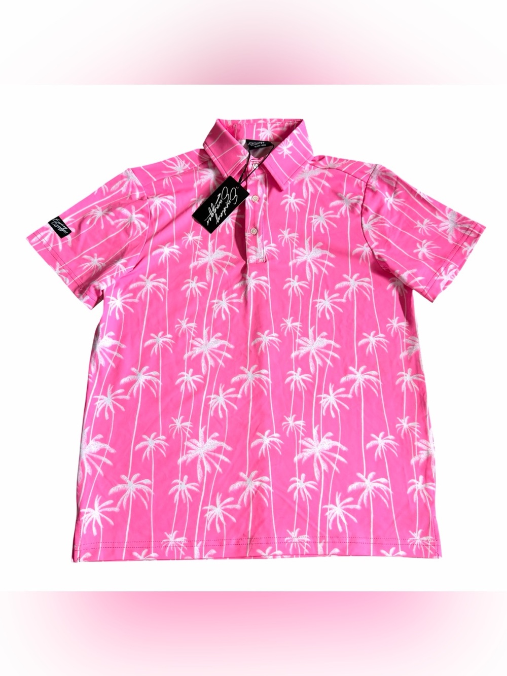 Sunday Swagger Kids Stylin Golf Polo Shirt Sz M (9Y-10Y) Pink Palm Trees NWT